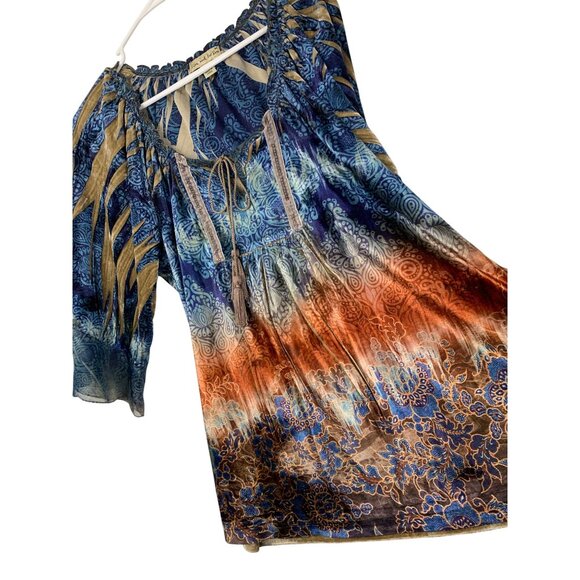 Live And Let Live Velour Peasant Top M EUC 3/4 Sleeve Stretch 8827 Boho Tassle - Picture 1 of 7